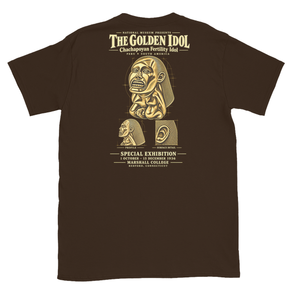 The Golden Idol Exhibition T-shirt, gold and ivory museum exhibition back print design