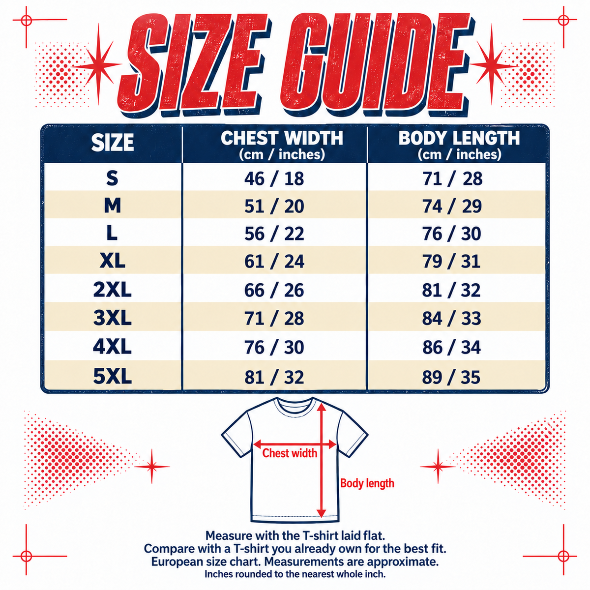 T-shirt size guide and measurements