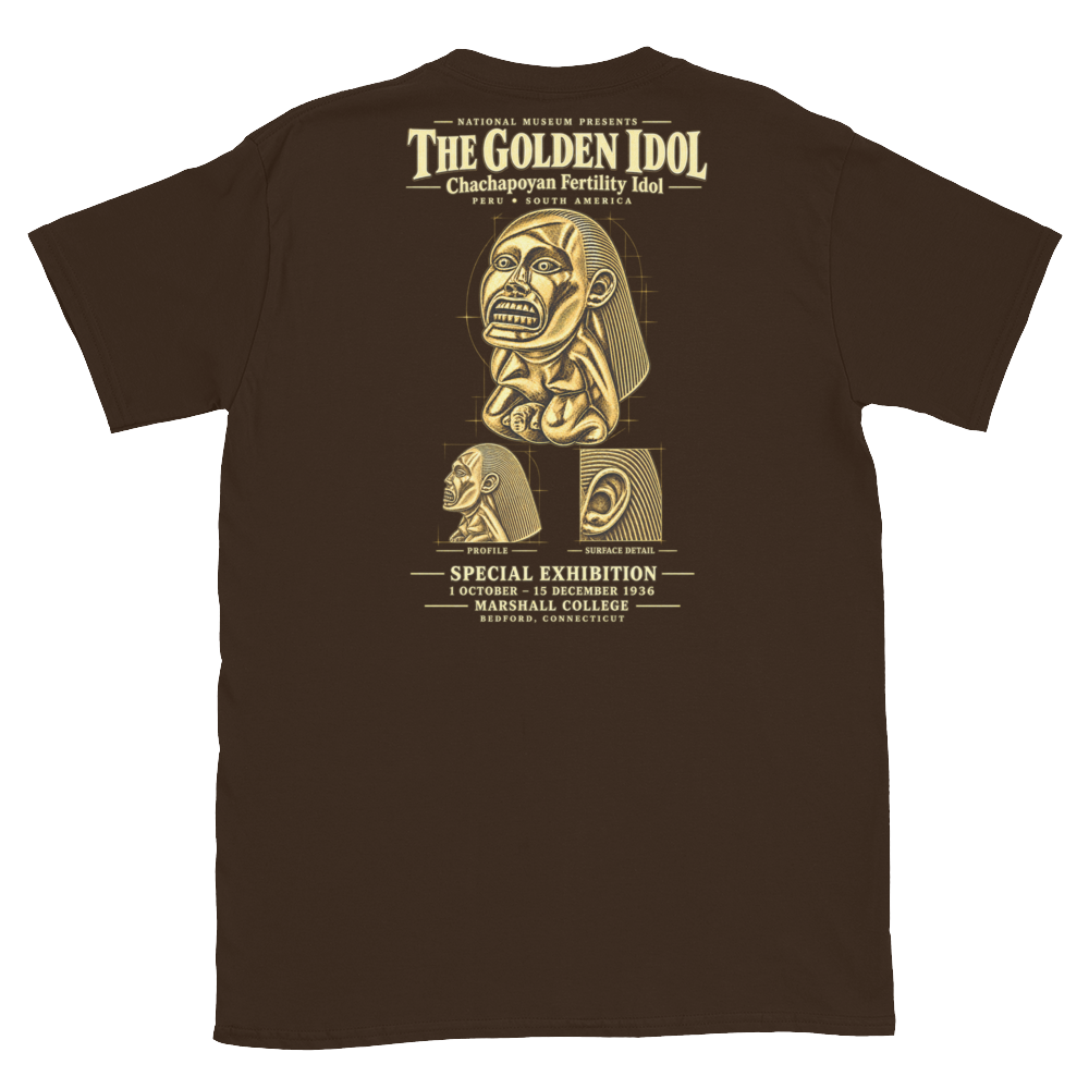 The Golden Idol Exhibition T-shirt, gold and ivory museum exhibition back print design
