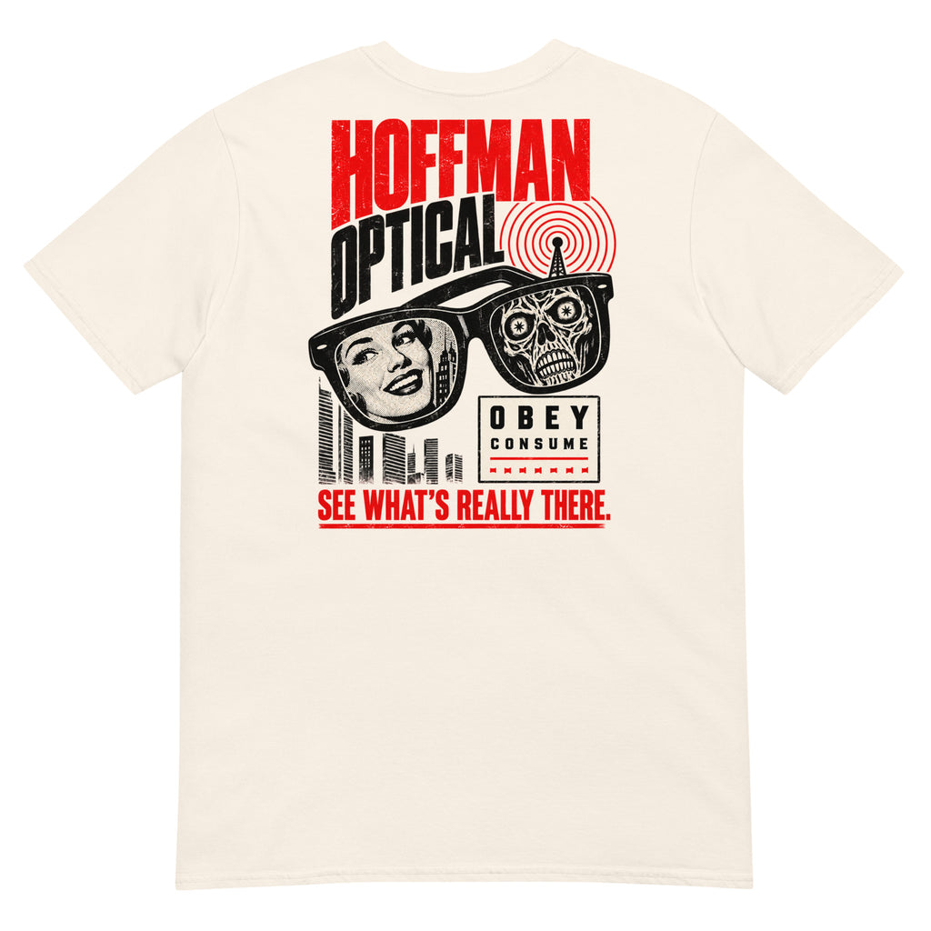 Hoffman Optical T-shirt, distressed They Live inspired back print design