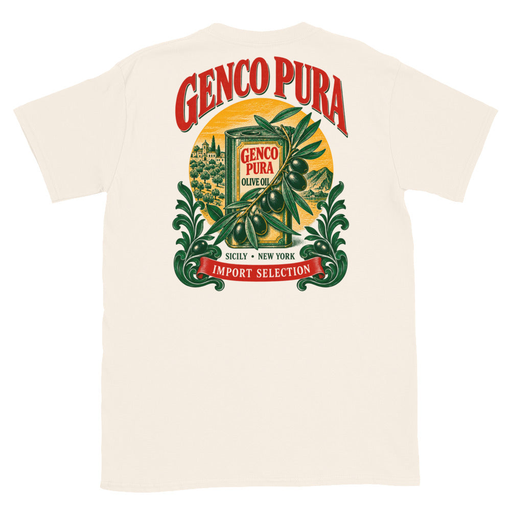 Genco Pura Olive Oil T-shirt, olive oil company back print design