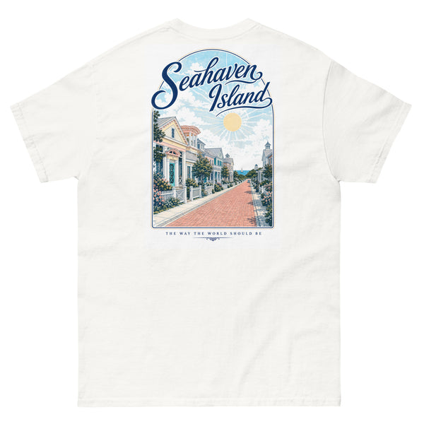 Seahaven Island T-shirt, Truman Show inspired island town back print design