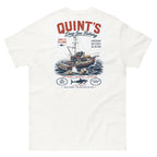 Quint's Deep Sea Fishing T-shirt, back print of a charter fishing boat and shark