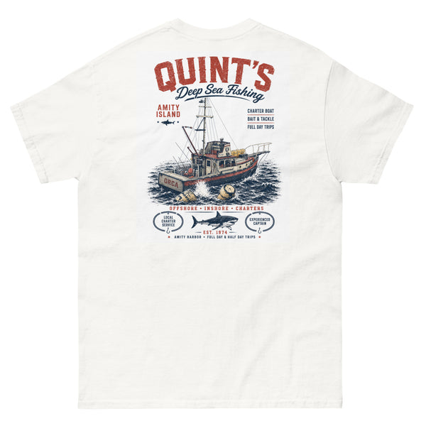 Quint's Deep Sea Fishing T-shirt, back print of a charter fishing boat and shark