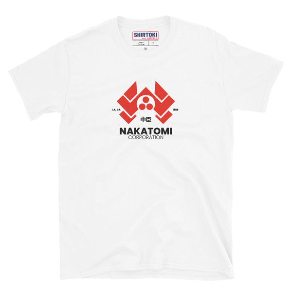 Nakatomi Corporation 1988 T-shirt, red and black Nakatomi chest logo on white